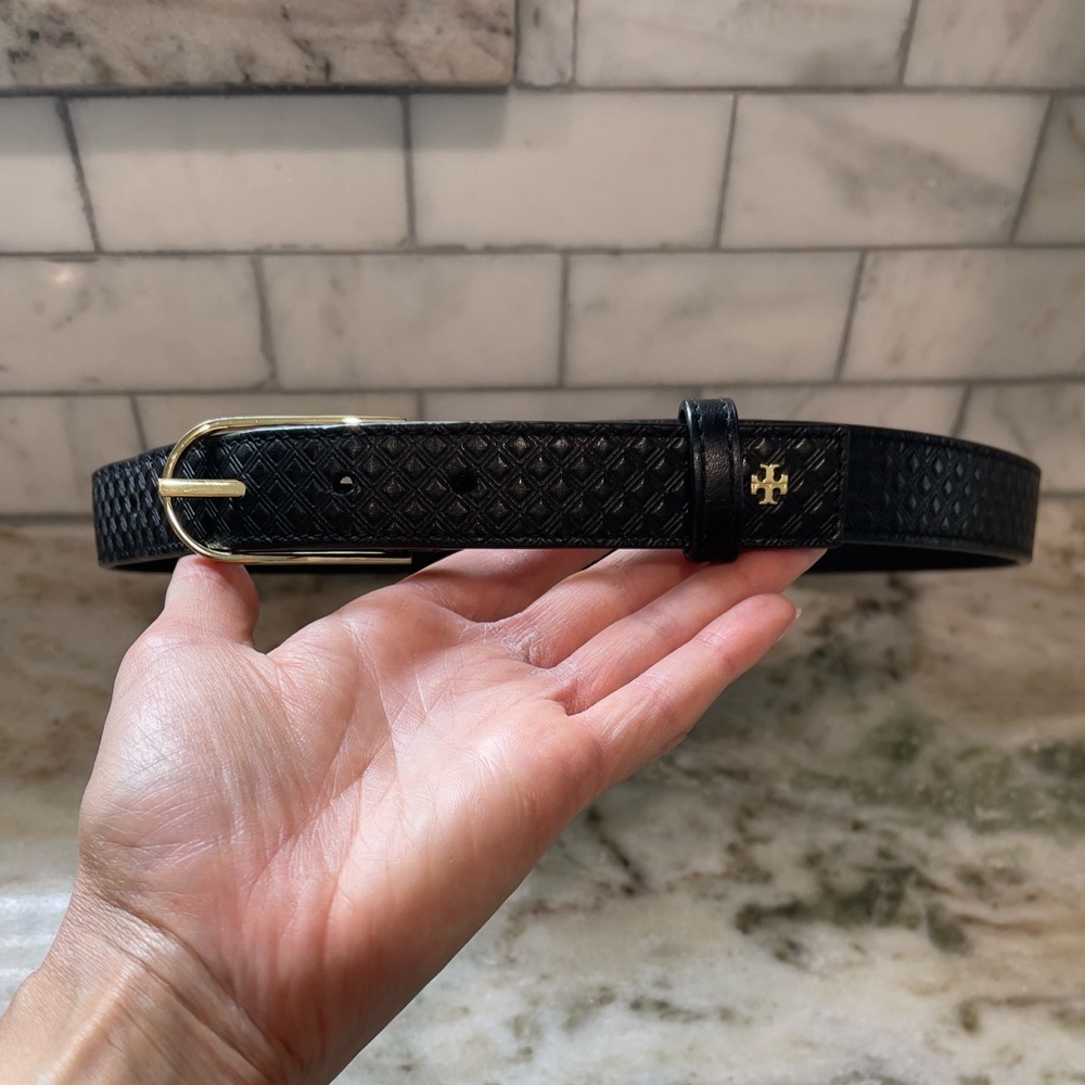 Tory Burch Textured Black Belt with Gold Buckle